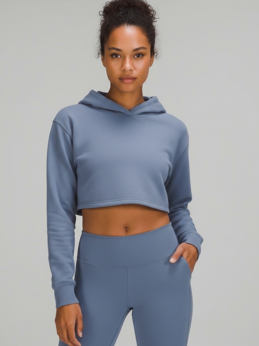 Lululemon All Yours Cropped Hoodie Blue Hooded Sweatshirt Sz 2 Terry Crop Fitted